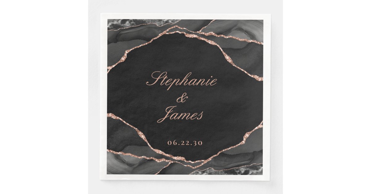 Elegant Black Rose Gold Foil Agate Wedding Paper Dinner Napkins | Zazzle