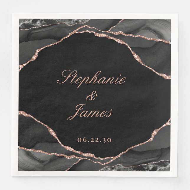 Elegant Black Rose Gold Foil Agate Wedding Paper Dinner Napkins (Front)