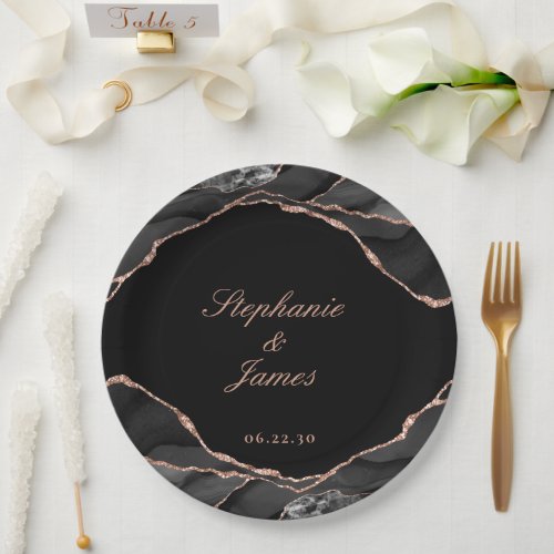 Elegant Black Rose Gold Foil Agate Wedding Paper Plates