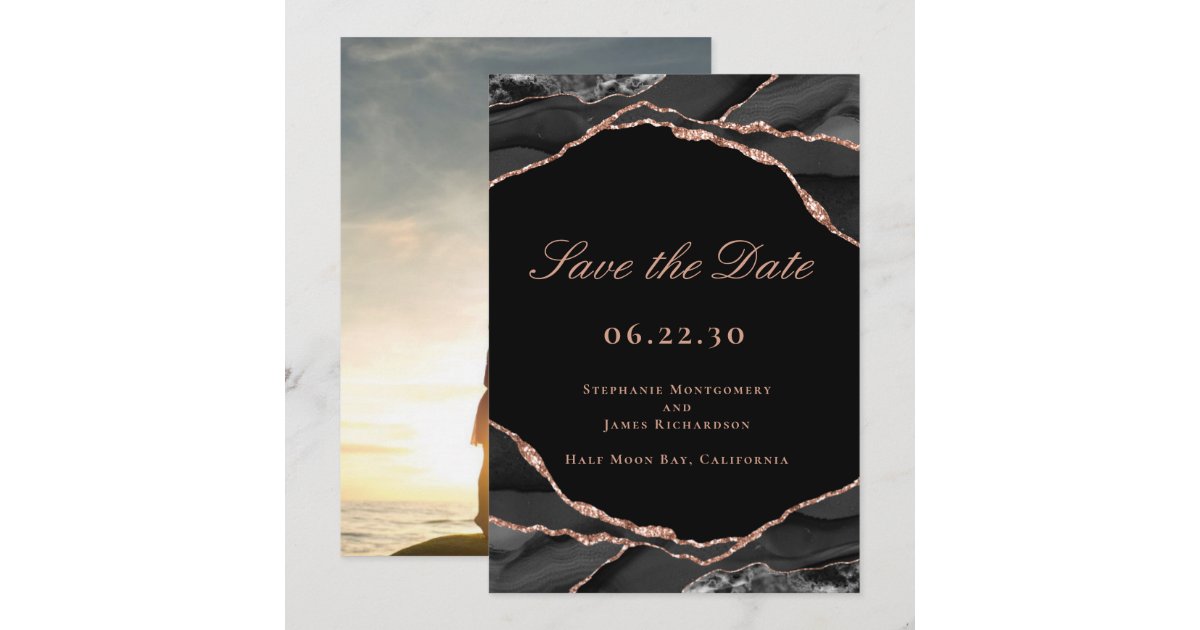Elegant Black Rose Gold Foil Agate Wedding Photo Save The Date | Zazzle