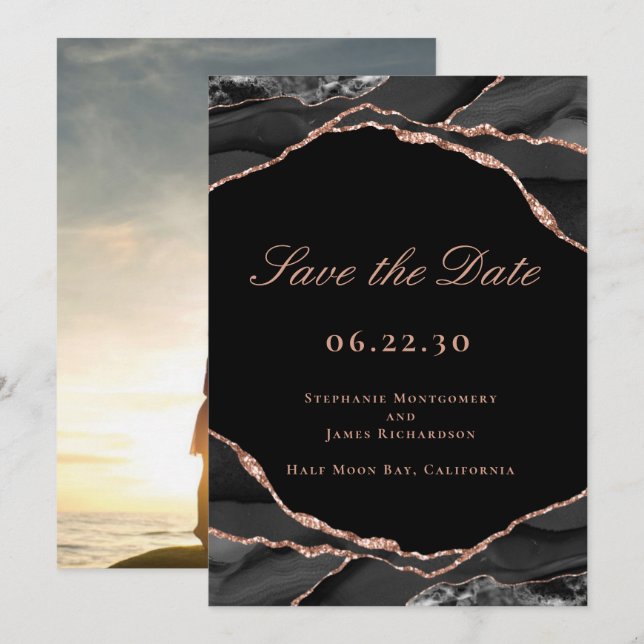 Elegant Black Rose Gold Foil Agate Wedding Photo Save The Date (Front/Back)