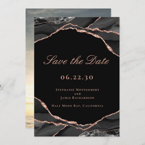 Elegant Black Rose Gold Foil Agate Wedding Photo Save The Date