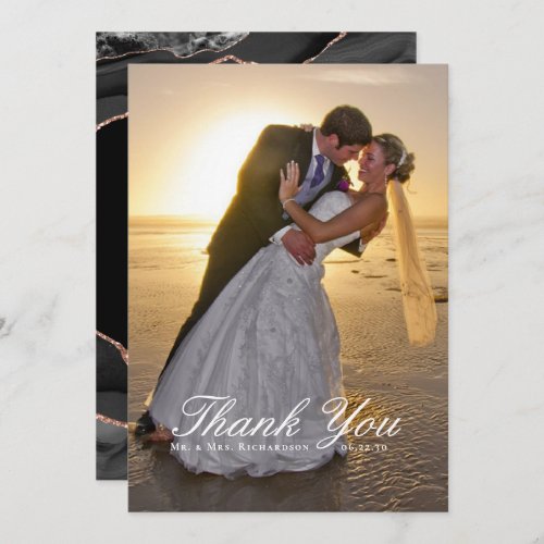 Elegant Black Rose Gold Foil Agate Wedding Photo Thank You Card