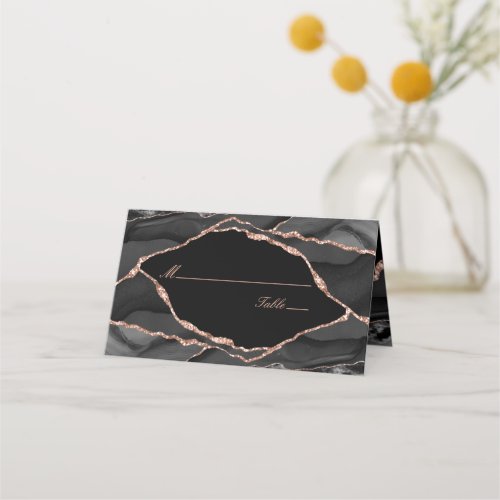 Elegant Black Rose Gold Foil Agate Wedding Place Card