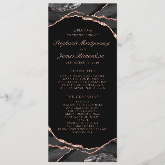 Elegant Black Rose Gold Foil Agate Wedding Program (Front)