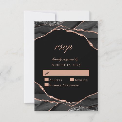 Elegant Black Rose Gold Foil Agate Wedding RSVP Card