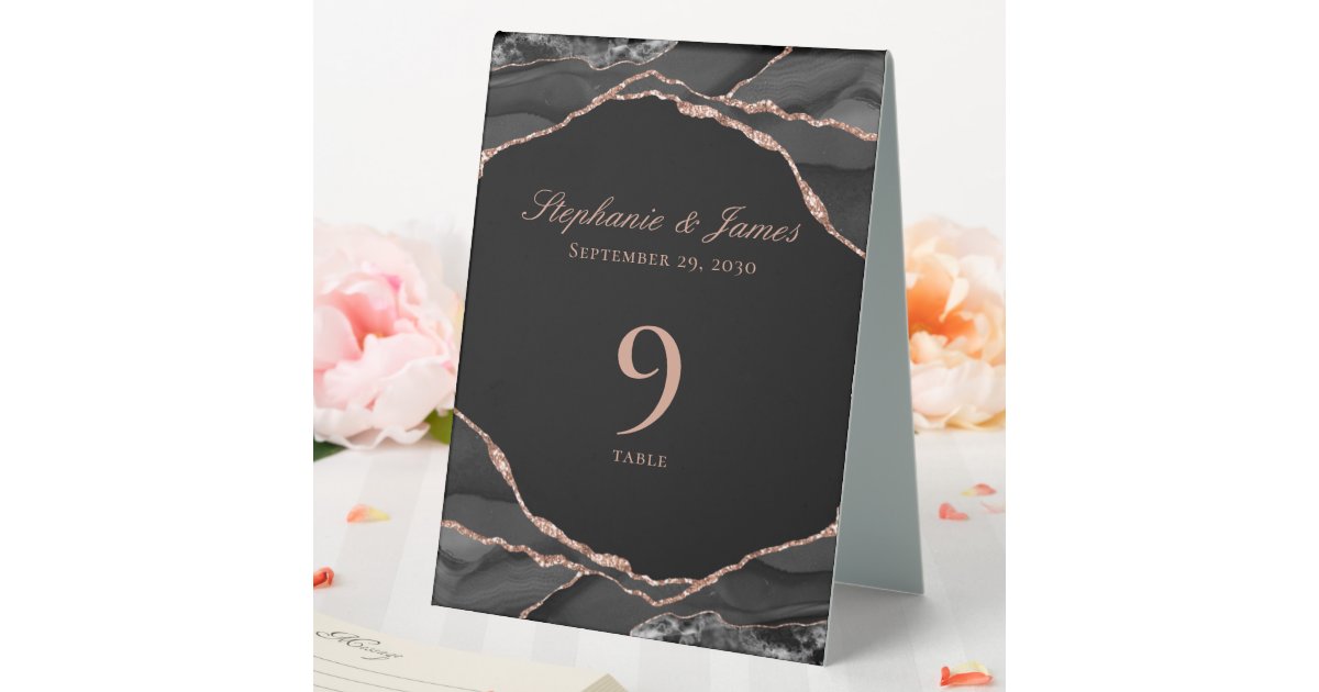 Elegant Black Rose Gold Foil Agate Wedding Table Tent | Zazzle