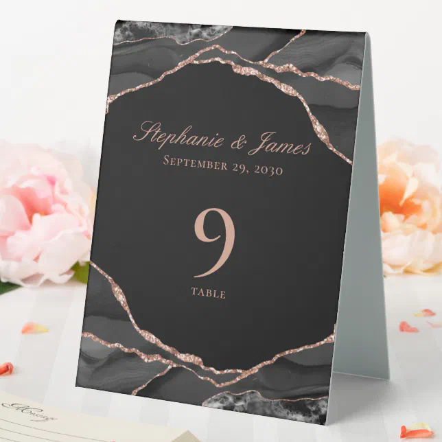 Elegant Black Rose Gold Foil Agate Wedding Table Tent | Zazzle