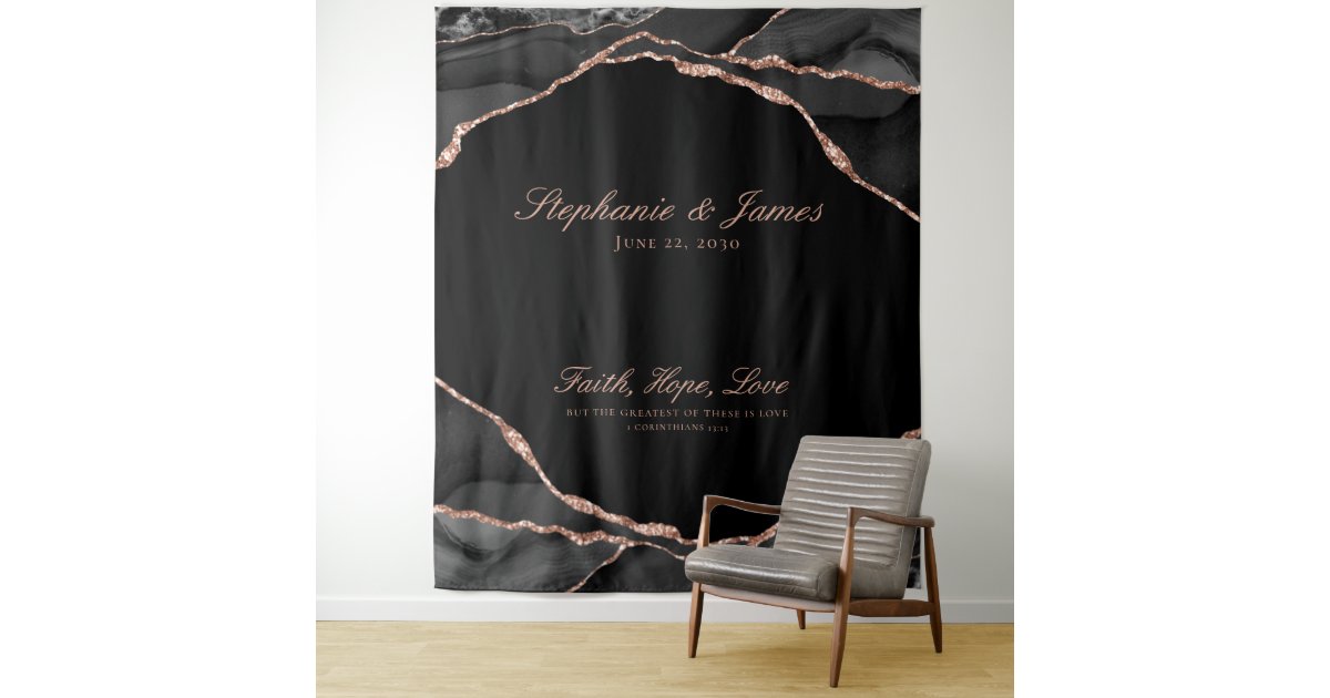 Elegant Black Rose Gold Foil Agate Wedding Tapestry | Zazzle