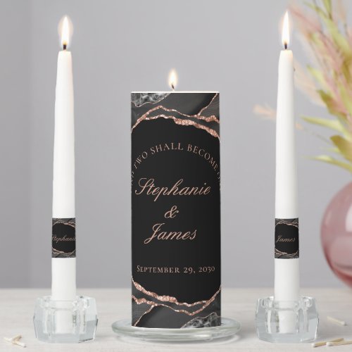 Elegant Black Rose Gold Foil Agate Wedding Unity Candle Set