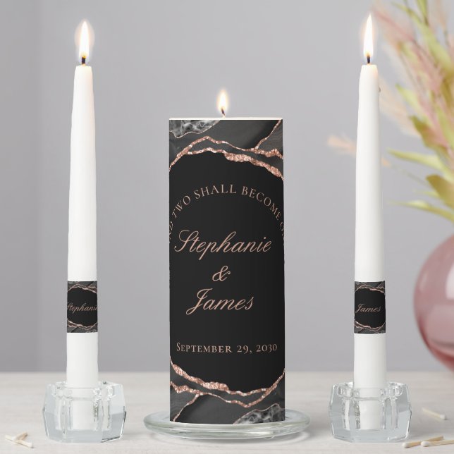 Elegant Black Rose Gold Foil Agate Wedding Unity Candle Set (In Situ)