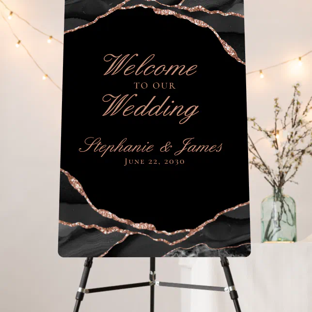 Elegant Black Rose Gold Foil Agate Wedding Welcome Foam Board | Zazzle