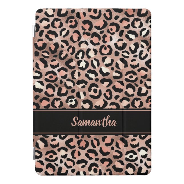 Elegant Black Rose Gold Foil Leopard Print Custom iPad Pro Cover (Front)