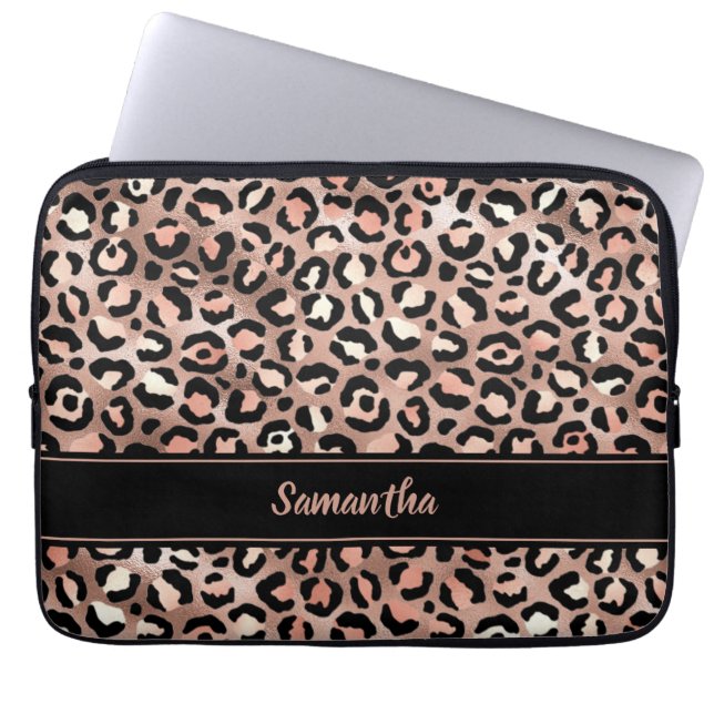 Elegant Black Rose Gold Foil Leopard Print Custom Laptop Sleeve (Front)