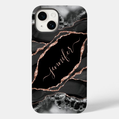 Elegant Black Rose Gold Foil Personalized Agate Case_Mate iPhone 14 Case