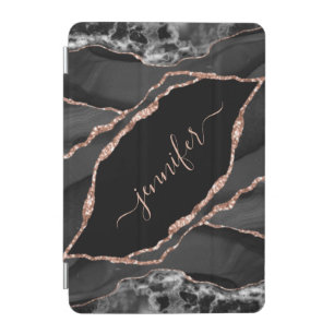 Elegant Black Rose Gold Foil Personalized Agate iPad Mini Cover
