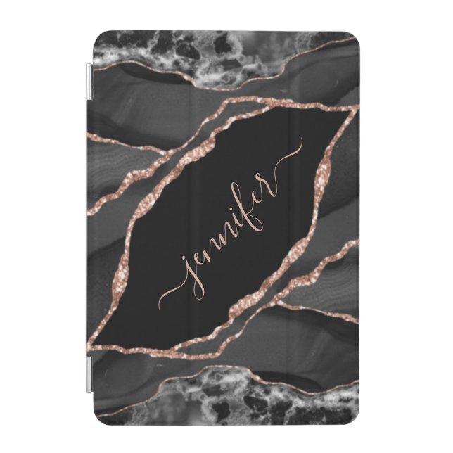 Elegant Black Rose Gold Foil Personalized Agate iPad Mini Cover (Front)