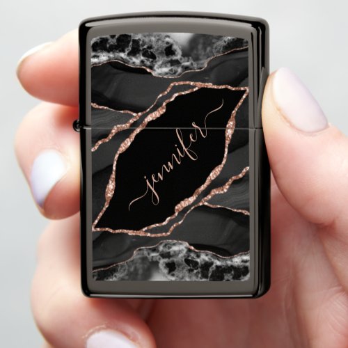 Elegant Black Rose Gold Foil Personalized Agate Zippo Lighter