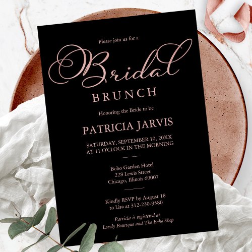 Elegant Black Rose Gold Foil Script Bridal Brunch Invitation