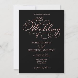 Elegant Black Rose Gold Foil Wedding Invitation with calligrapy script