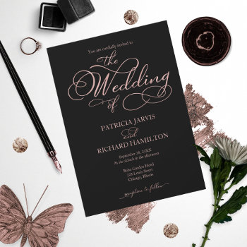 Elegant Black Rose Gold Foil Script Wedding Invitation by StampsbyMargherita at Zazzle