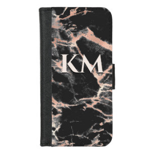 Elegant black rose gold girly marble art monogram  iPhone 8/7 wallet case