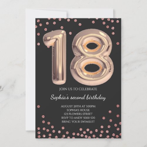 Elegant Black Rose Gold Glitter 18th Girl Birthday Invitation