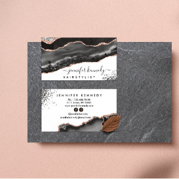 Elegant Black Rose Gold Glitter Agate Marble Business Card by KacaoPrints at Zazzle