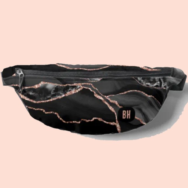 Elegant Black Rose Gold Glitter Agate Marble  Fanny Pack (Creator Uploaded)
