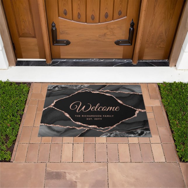 Elegant Black Rose Gold Glitter Agate Personalized Doormat (Outdoor)