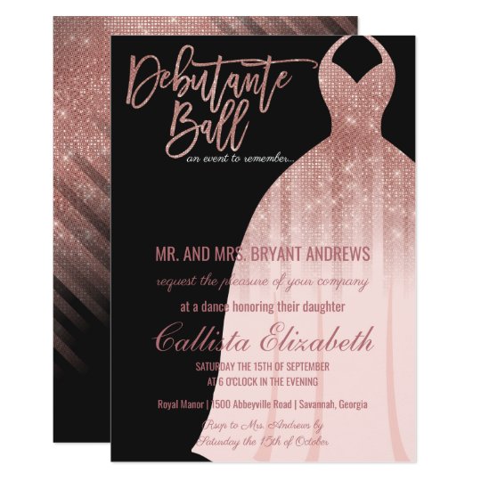 Elegant Black Rose Gold Glitter Dress Debutante Invitation | Zazzle.com