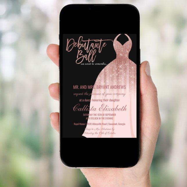 Elegant Black Rose Gold Glitter Dress Debutante Invitation (Front Digital)