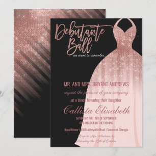 Elegant Black Rose Gold Glitter Dress Debutante Invitation