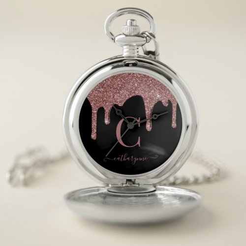 Elegant Black Rose Gold Glitter Drips Monogram Pocket Watch