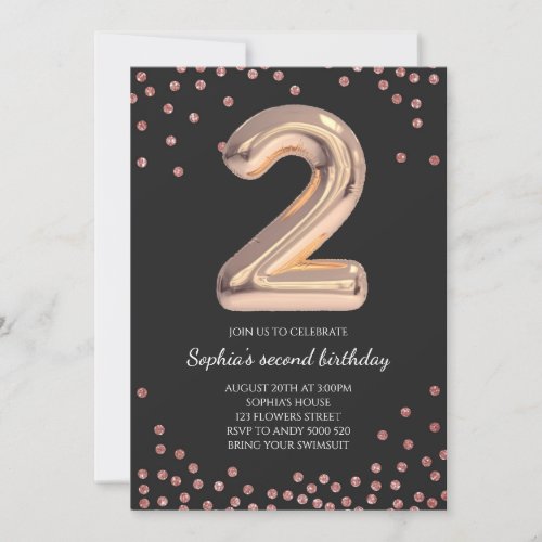 Elegant Black Rose Gold Glitter Girl 2nd Birthday Invitation