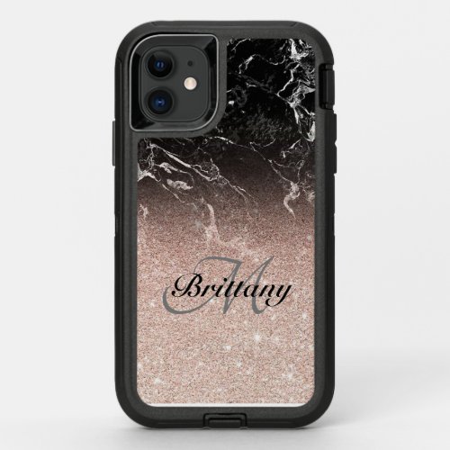 Elegant Black  Rose Gold Glitter Monogram  Name OtterBox Defender iPhone 11 Case