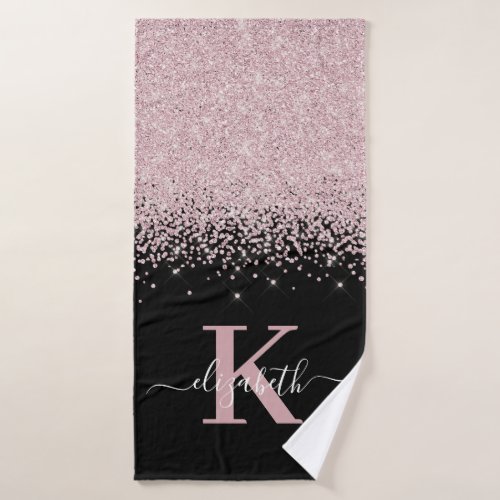 Elegant Black Rose Gold Glitter Script Monogrammed Bath Towel