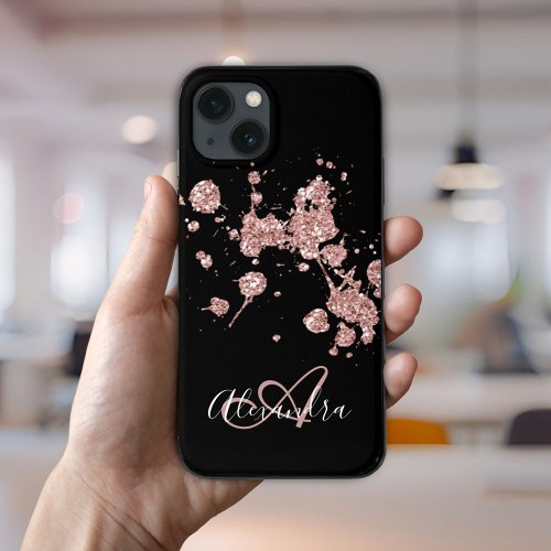 Elegant Black Rose Gold Glitter Sparkles Monogram  iPhone 13 Case