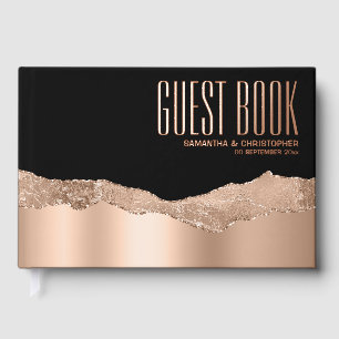 Elegant black rose gold glitter strip luxury foil guest book 