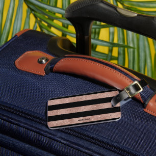 Elegant Black Rose Gold Glitter Striped Luggage Tag