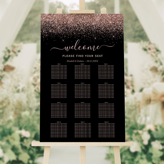 Elegant Black Rose Gold Glitter Wedding Seating Foam Board (Creator Uploaded)