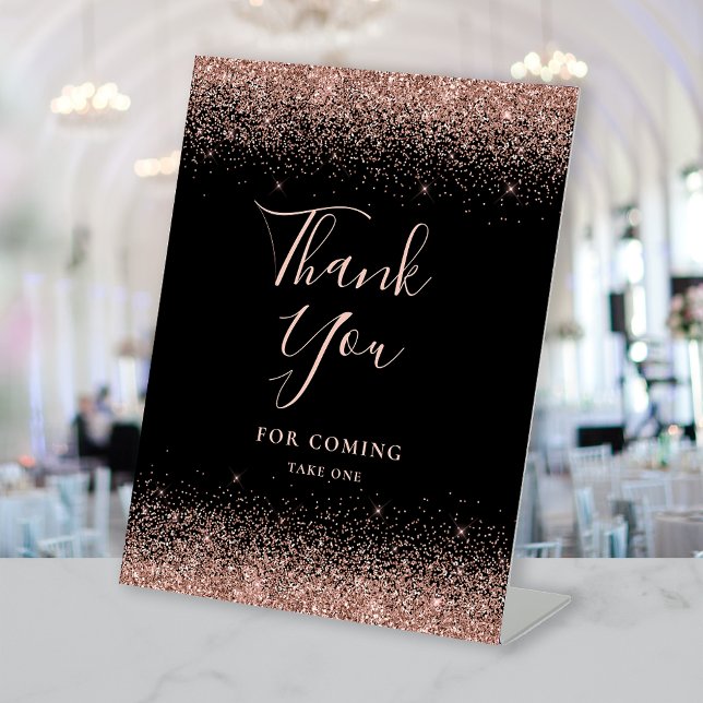 Elegant Black Rose Gold Glitter Wedding Thank You Pedestal Sign (Creator Uploaded)