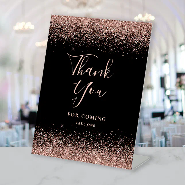 Elegant Black Rose Gold Glitter Wedding Thank You Pedestal Sign | Zazzle
