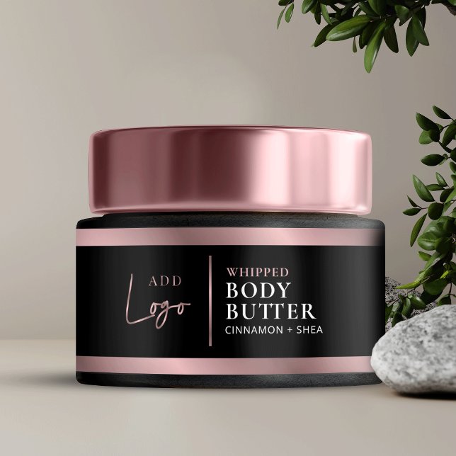 Elegant Black & Rose Gold Logo Cosmetic Jar Label (Black and faux rose gold skincare jar packaging labels with space for your logo & product details)