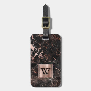 Elegant Black Rose Gold Marble Monogram Vertical Luggage Tag