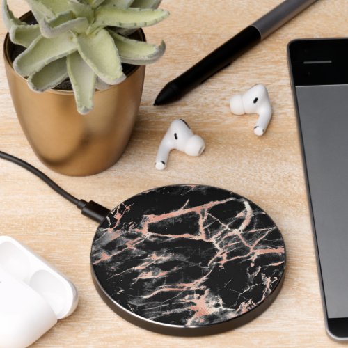 Elegant Black  Rose Gold Marble Wireless Charger