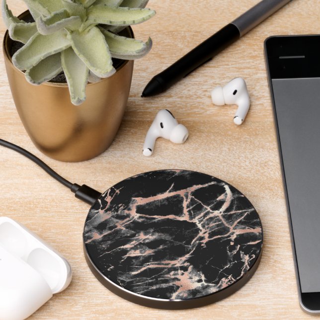 Elegant Black & Rose Gold Marble Wireless Charger (Desk 2)