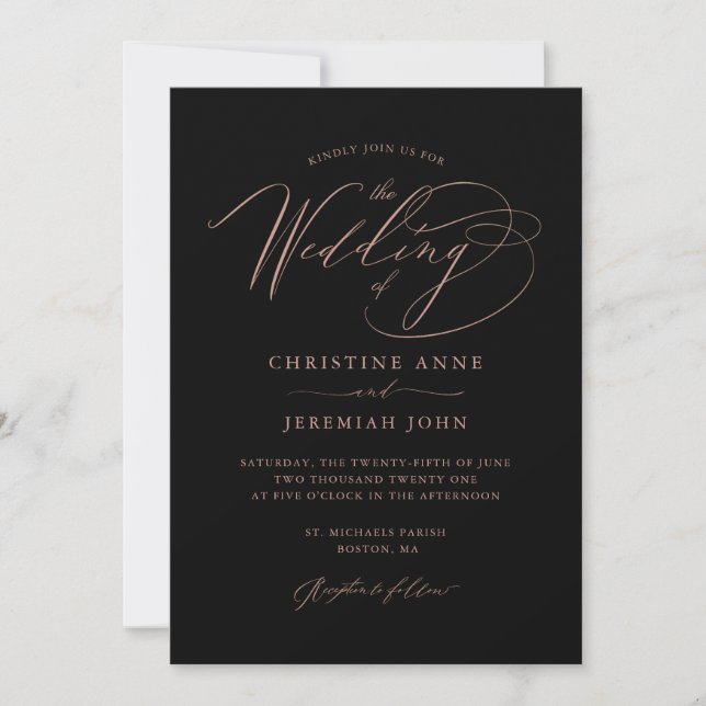 Elegant Black Rose Gold Modern Script Wedding Invitation (Front)