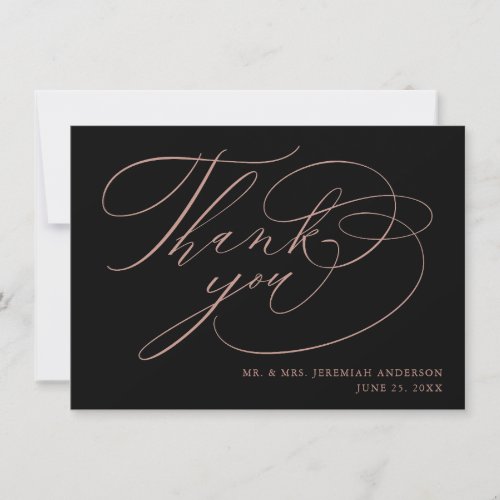 Elegant Black Rose Gold Modern Script Wedding Thank You Card