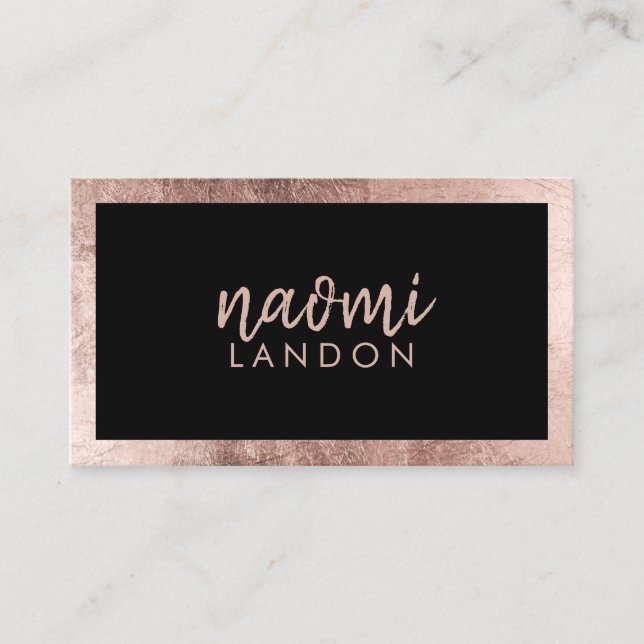 Elegant black rose gold modern square minimalist business card (Front)